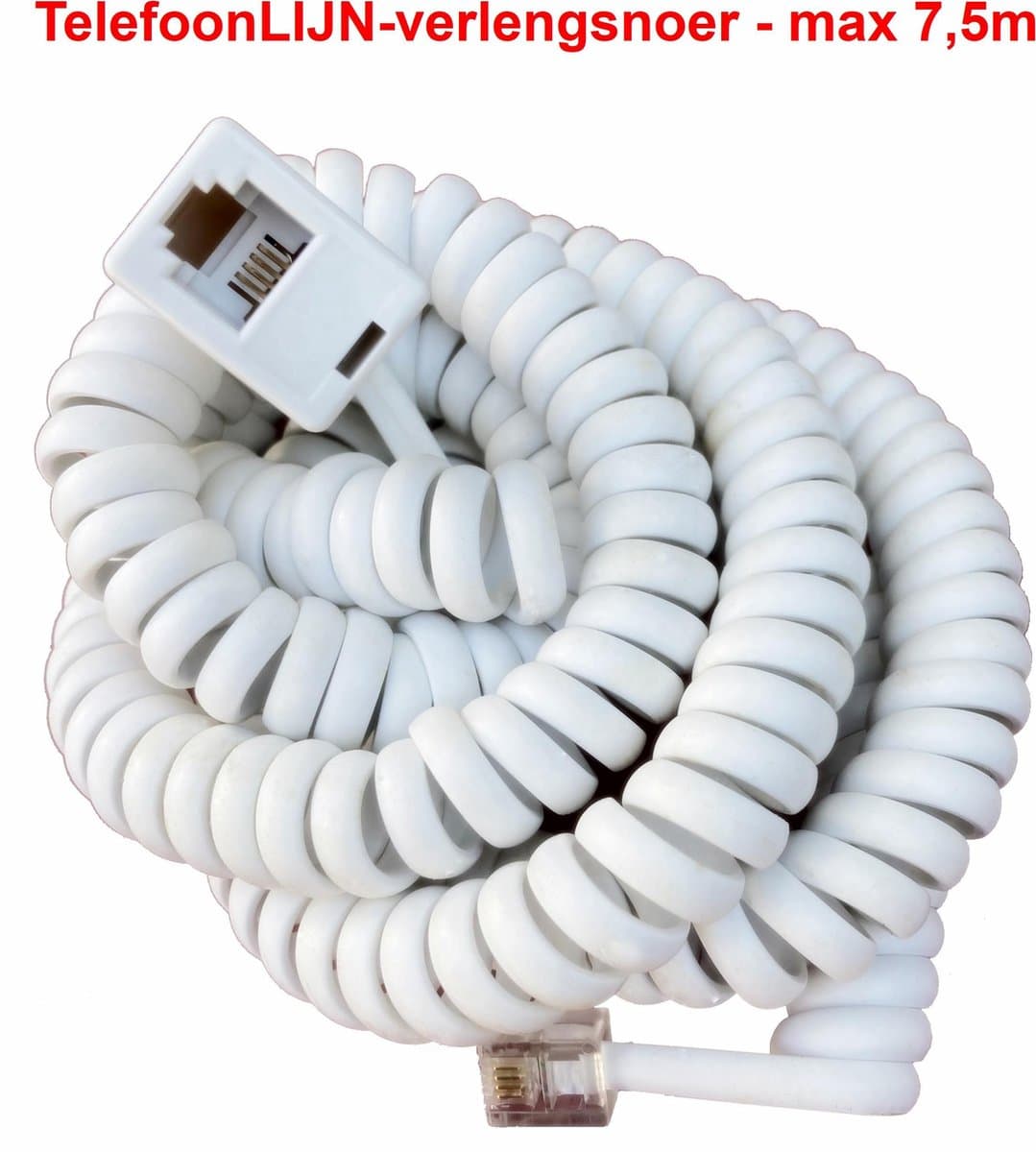 Telefoon VERLENGSNOER - Krulsnoer voor telefoonLIJN - 7,5m - wit - spiraalkabel