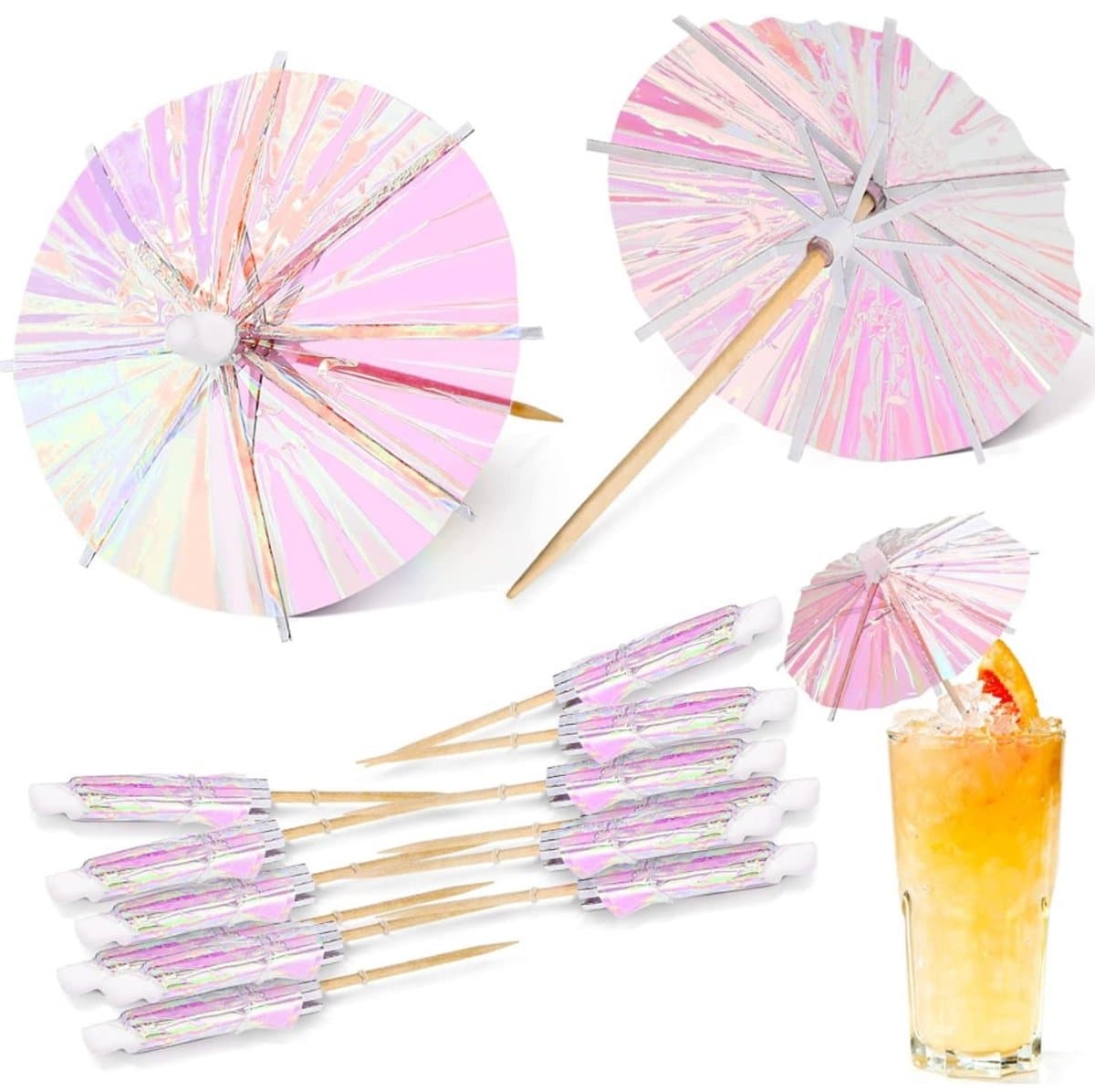 Daity 50 stuks - Cocktailprikkers met paraplu's, cocktailprikkers met houten tandenstokers, zomerse Hawaiiaanse cupcakedecoratie, parapluprikkers (willekeurige kleuren, gemengde kleuren)
