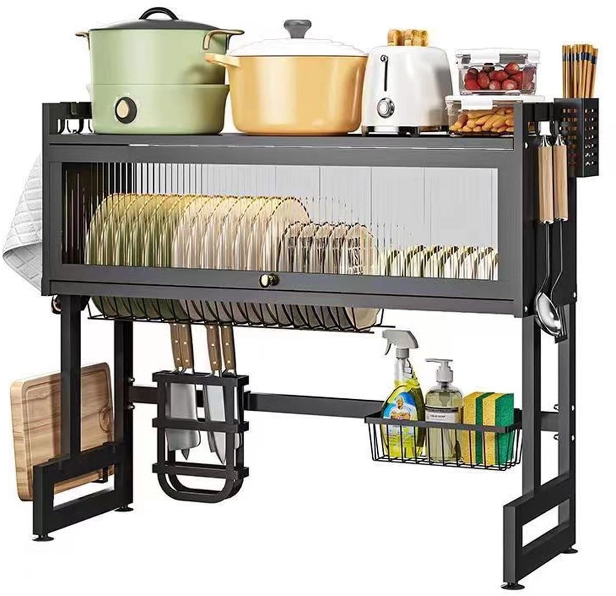 CHIWIN Afwasrek met Deur - 3 Laags Waterafvoer Droogrek - Multifuntioneel Serviesrek Stabiel voor Keuken - voor Borden Pannen en Bestek - 85x29x79 cm