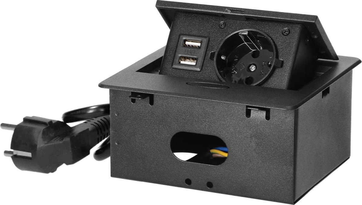 Orno Pop-up Stekkerdoos - Verdeelstekker met 1 stopcontact - 2 USB A - Inbouw Stekkerblok met 1.5 meter kabel - Zwart
