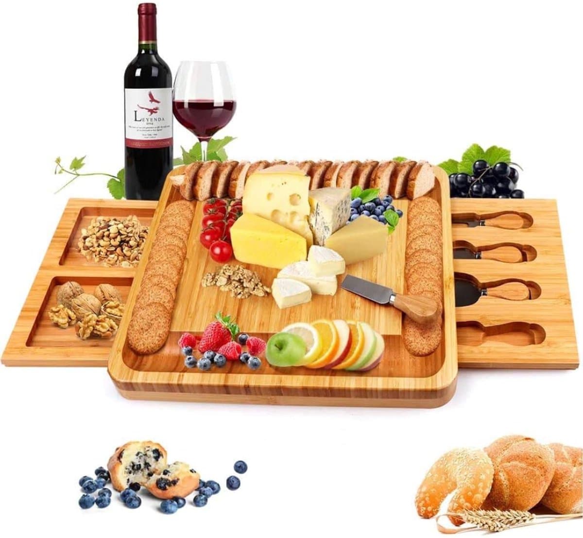 Goodivery ® Serveerschaal met borden voor wijn, crackers, brie en vleeswaren, grote, dikke houten serveerschaal, 34L x 26X 3, Bruin