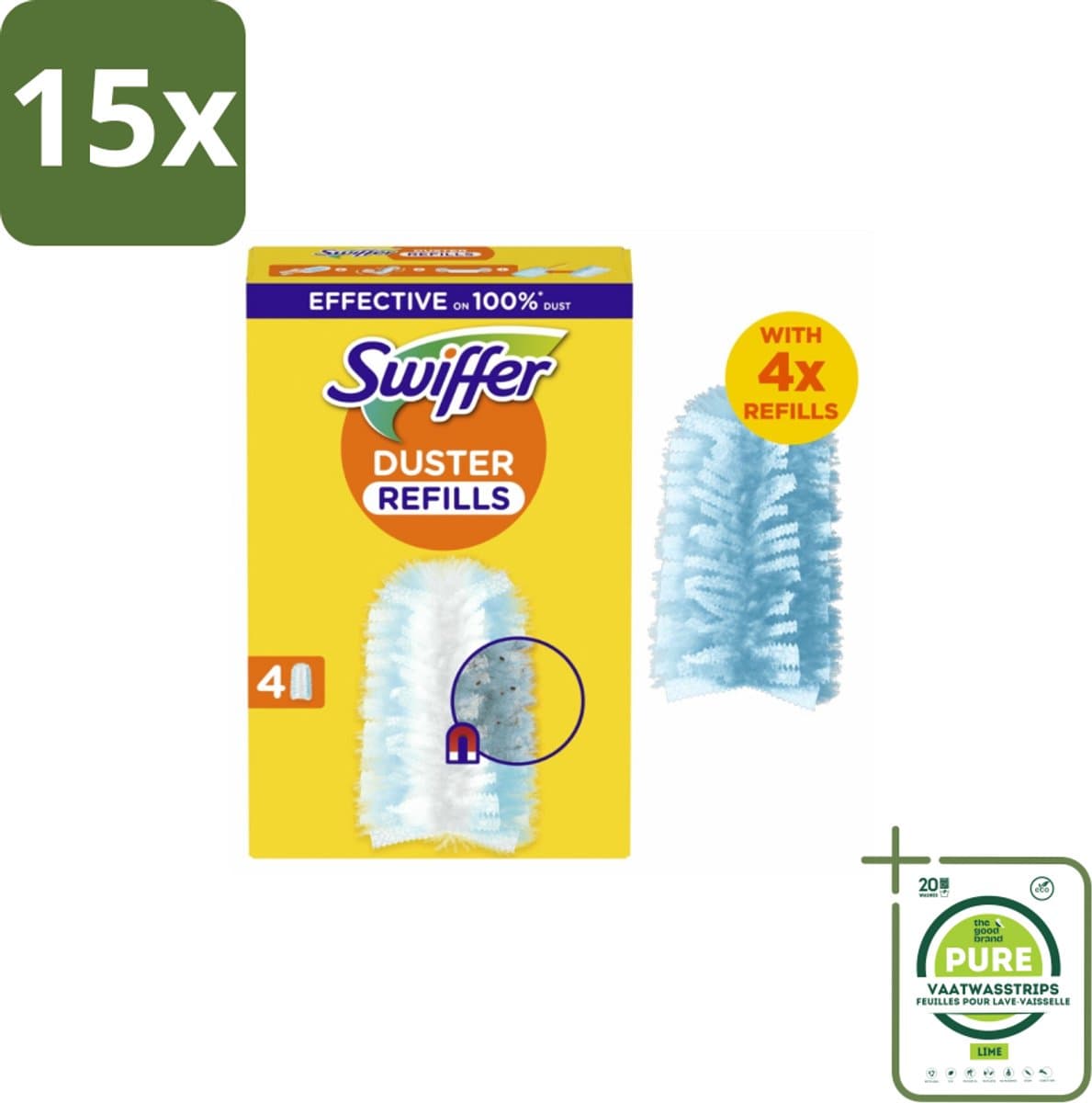 15 x Swiffer - Duster – Voor Stofwisser – 4 navullingen - Grootverpakking - Stofduster Navullingen - Stofbeurt - Stofvrij Maken - Stof Vasthouden - Elektrische Stofduster