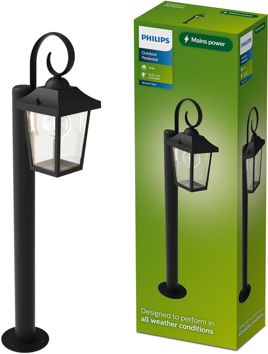 Philips Buzzard Sokkellamp - Buitenverlichting - E27-fitting - Weerbestendig: IP44 - Zwart - Hoogwaardig Aluminium en Glas - Klassiek ontwerp