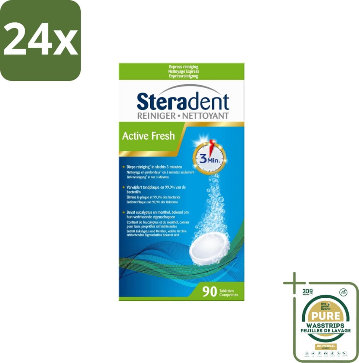 Steradent - Kunstgebitreiniger - Active Fresh - Menthol En Eucalyptus - 90 Tabletten - Voordeelverpakking - 24 stuks - Geurvrij kunstgebit - Frisse geur kunstgebit