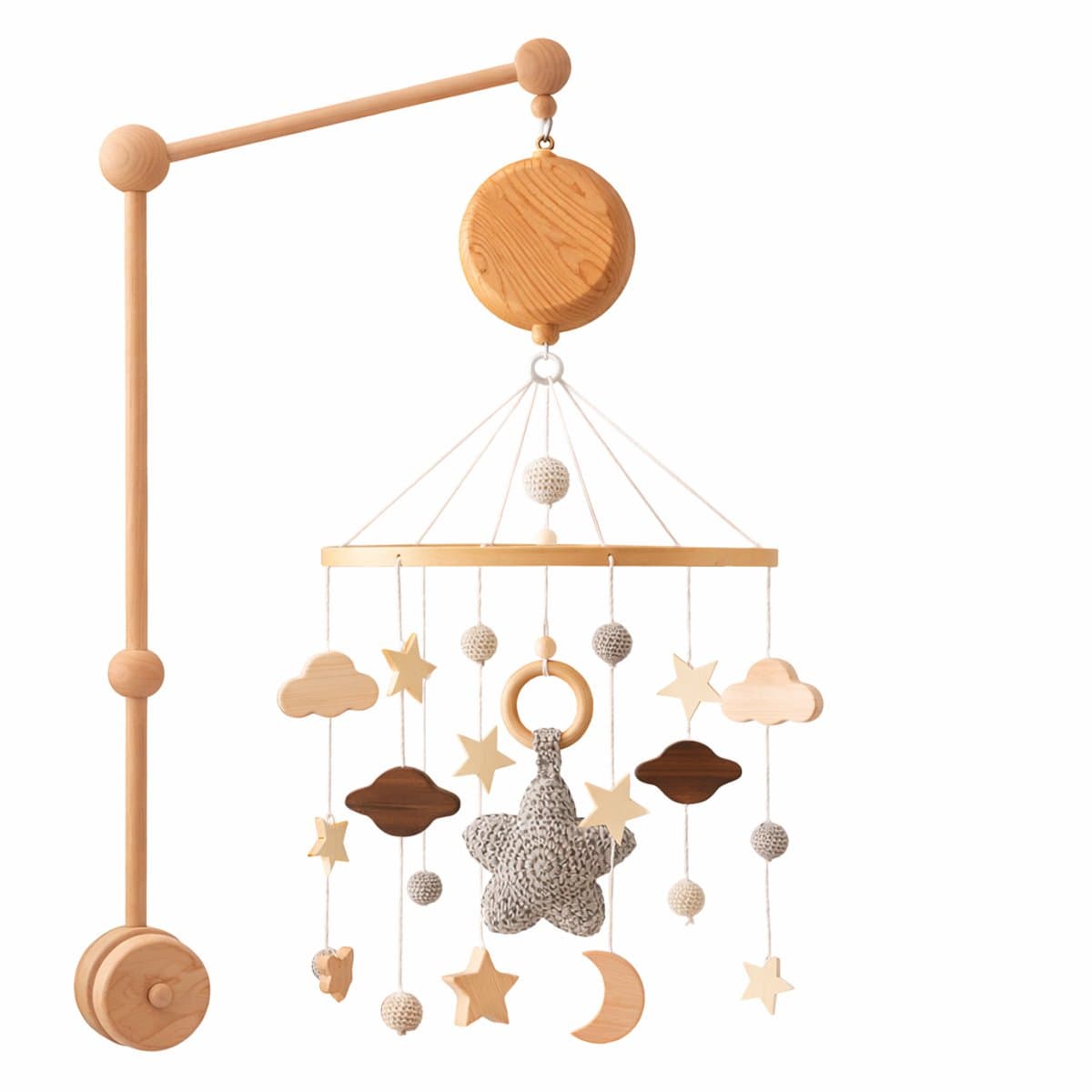 Houten Baby Mobiel Set – Muziekdoos, Wandhouder & houten ring – Natuurlijke Babykamer Decoratie – Boxmobiel – Set met Maan, Sterren & Wolkjes – Houtnerf