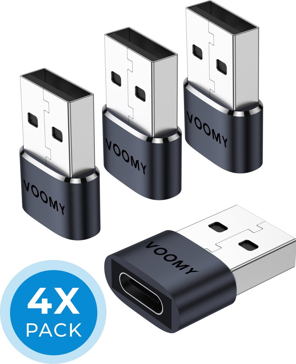 4x Voomy USB A naar USB C Adapter - USB C naar USB Converter - USB-A Male & USB-C Female - Geschikt voor Telefoon, Tablet & Laptop - Space Grey