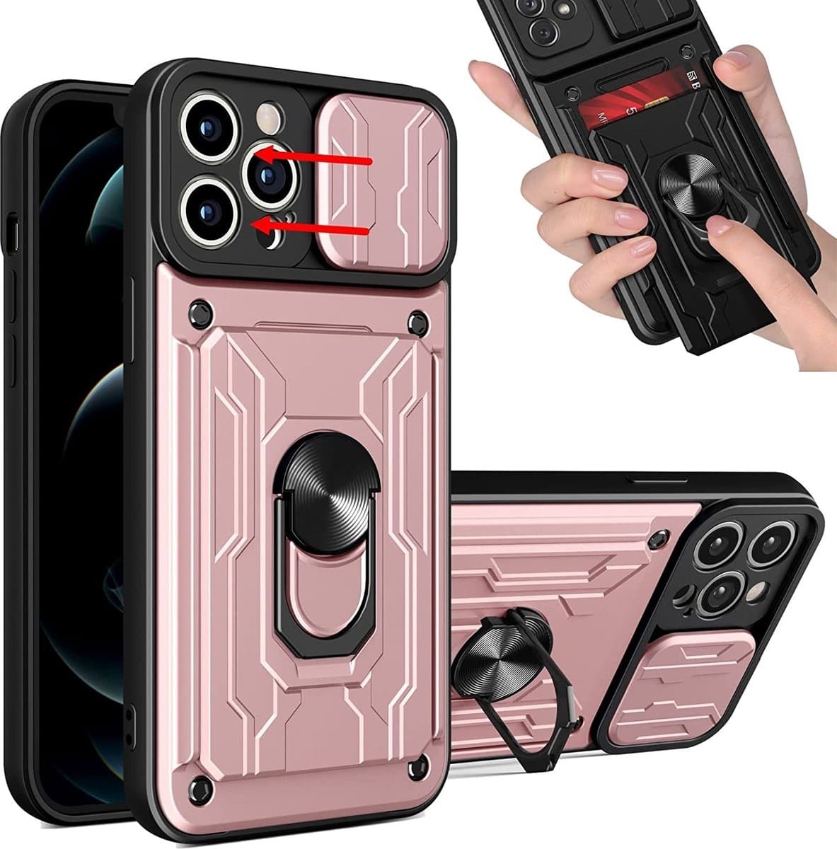 Hoesje Geschikt Voor Samsung Galaxy S22 Plus hoesje met pashouder - camera bescherming cover en ring houder – Rosegoud – oTronica