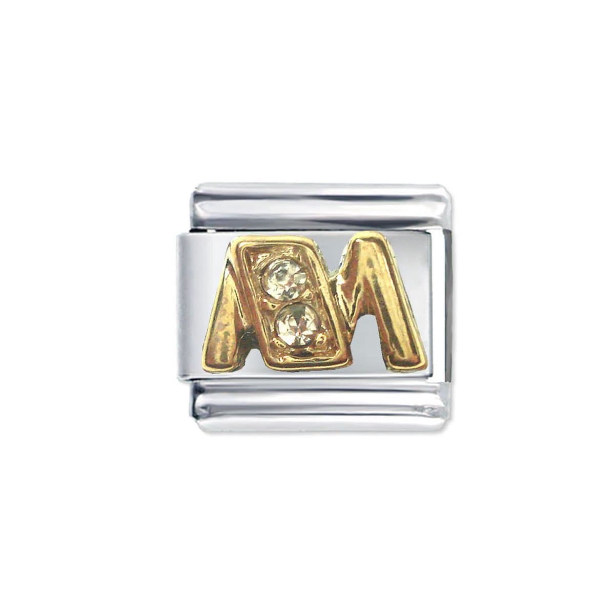 Schakel Bedel - Letter M - met strass - 9mm- Geschikt voor 9mm Schakel voor Italiaanse Bedelarmband - Piano - Plated