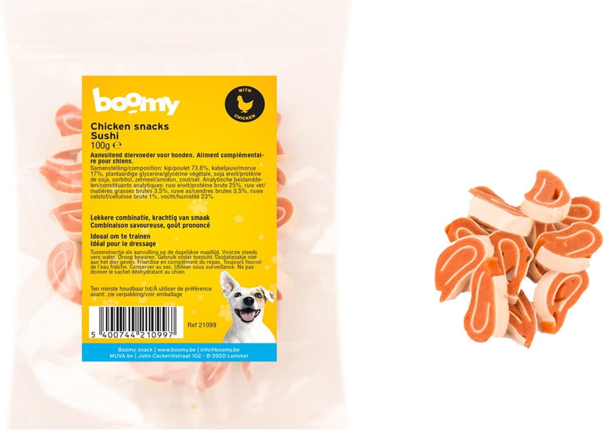 Boomy – Hondensnacks - Hondenkoekjes - Zachte hondensnoepjes - Kip en vis Sushi – 3 x 100g