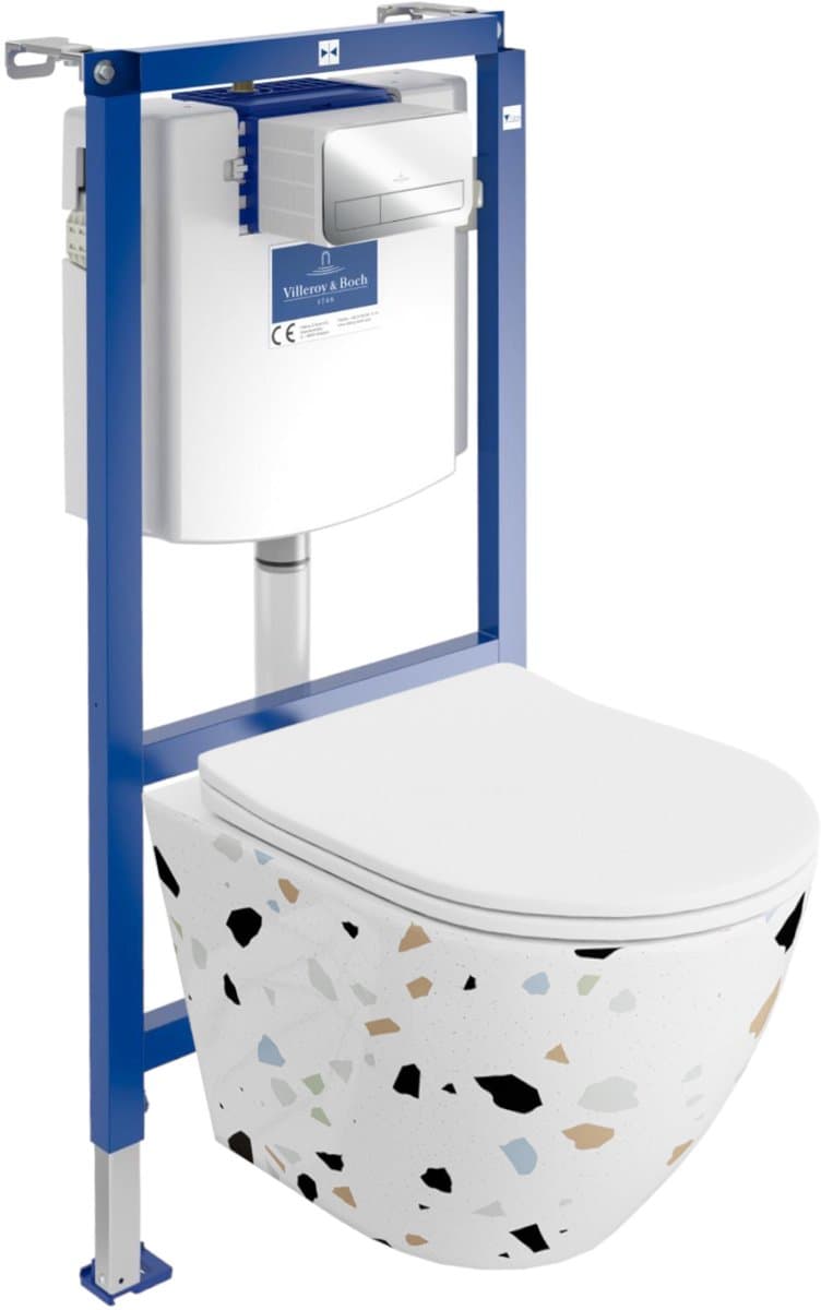 Villeroy&Boch Inbouwreservoir Complete Toiletset ViConnect H112 - Inbouw WC Hangtoilet Wandcloset SOFI SLIM STONE - Bedieningsplaat Chroom - Voorwandelement voor toilet - Installatiesysteem