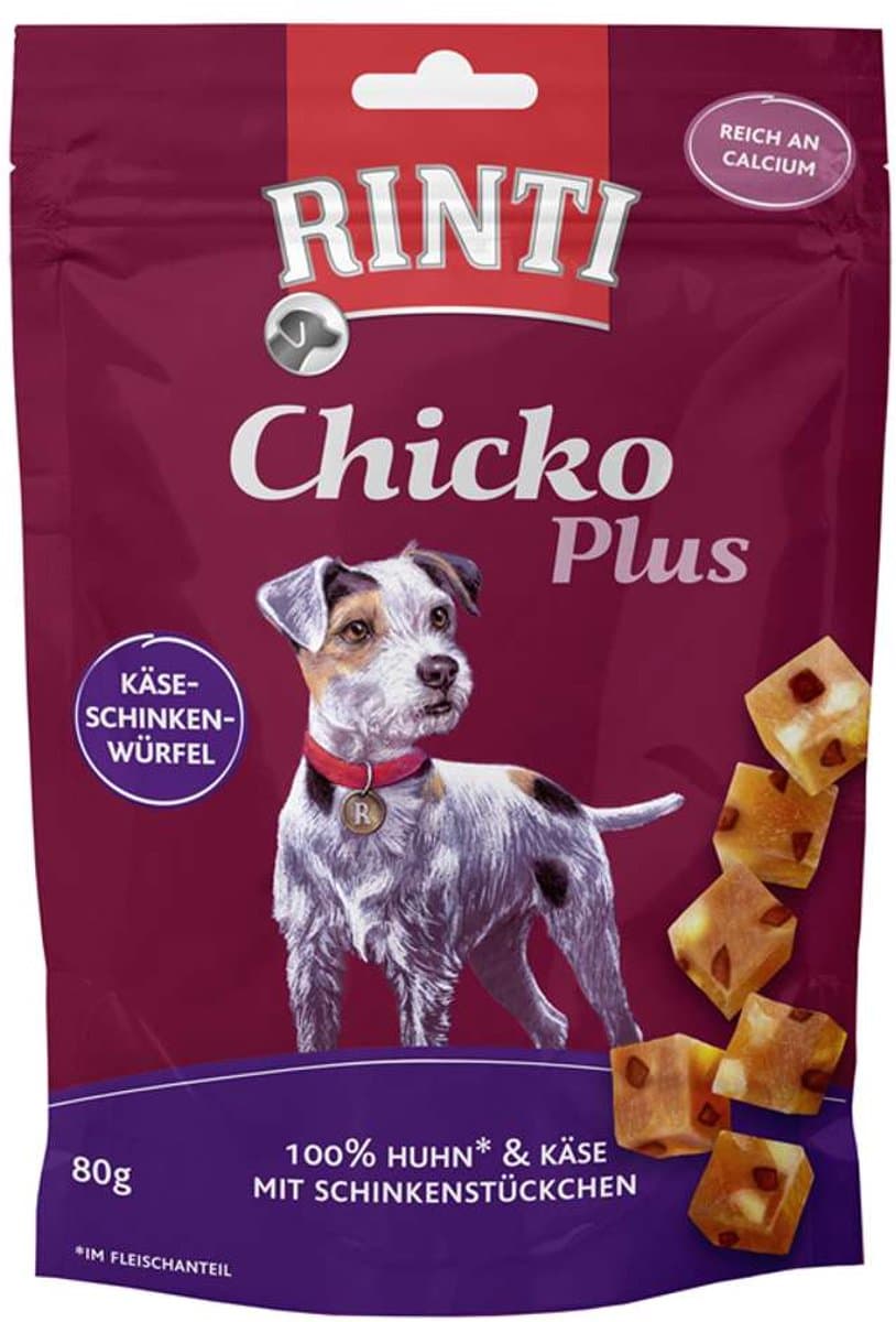 Rinti - Chicko Plus Snack 12x80g - Kaas-hamblokjes met kip