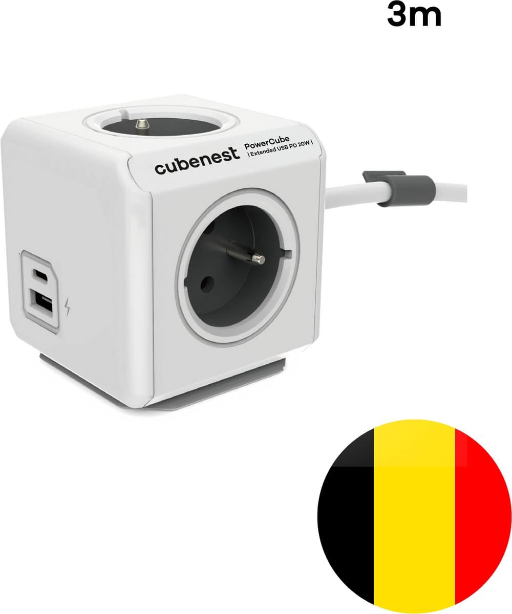 Cubenest stekkerdoos Powercube Extended USB PD 20W, A+C, 4-voudig, 3m, wit/grijs - België E type, max 10A/250V~2500W, Overstroom, Overspanning, Overtemperatuur, Kortsluiting en Thermische Beveiliging