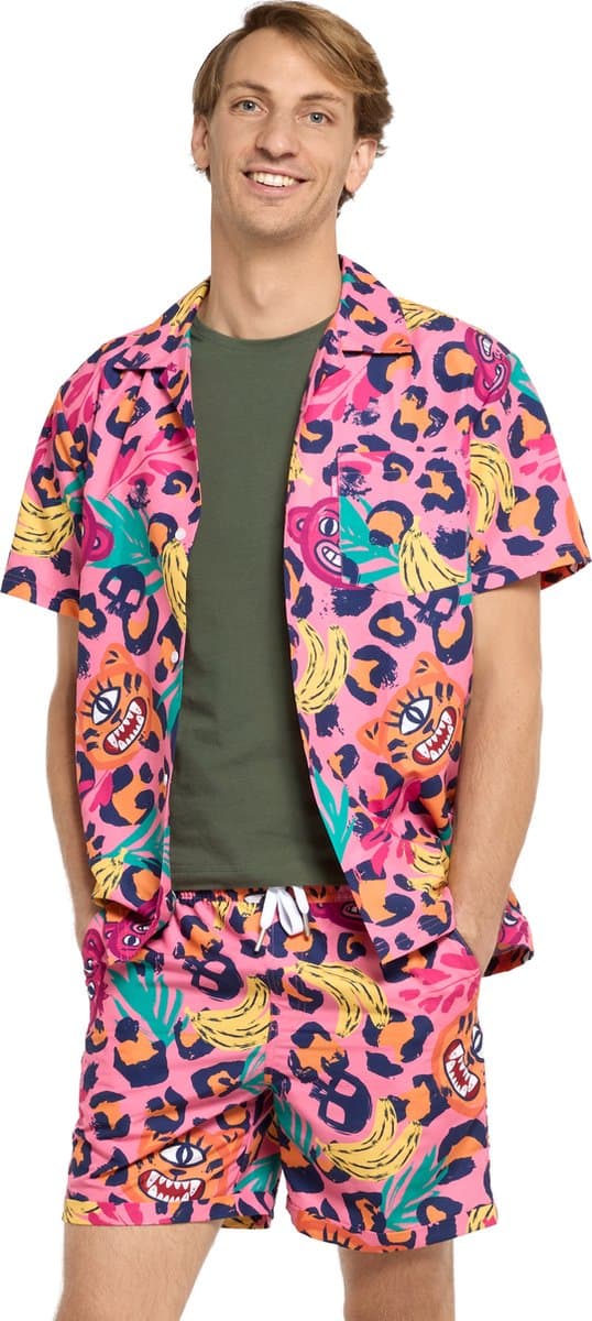 OppoSuits Jazzy Jungle Zomer Set - Heren Zomer Set Met Jungle Print - Bevat Shirt En Shorts - Festival Panterprint Outfit - Carnavalskleding - Roze - S