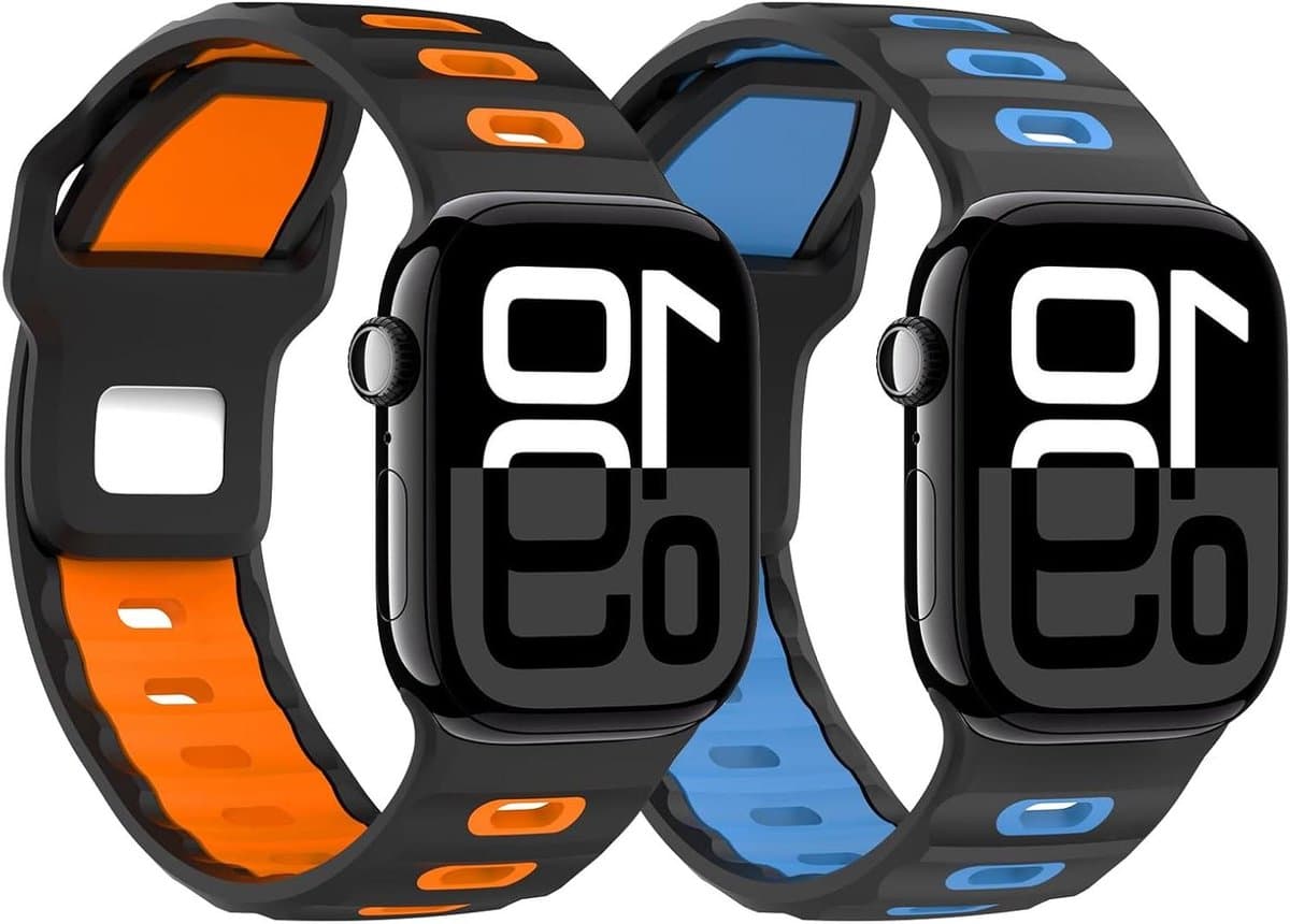 Set van 2 verdikte siliconen banden - zwart-oranje - compatibel met Apple Watch Ultra 2/Ultra 49 mm S10 46 mm 9/8/7 45 mm SE2/SE/6/5/4 44 mm 3/2/1 42 mm - reservesportarmband