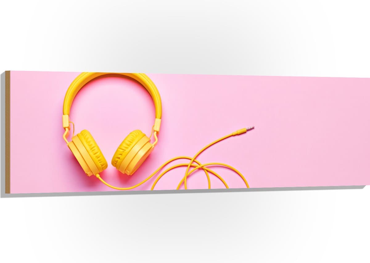 Hout - Gele Headset tegen Roze Achtergrond - 150x50 cm - 9 mm dik - Foto op Hout (Met Ophangsysteem)