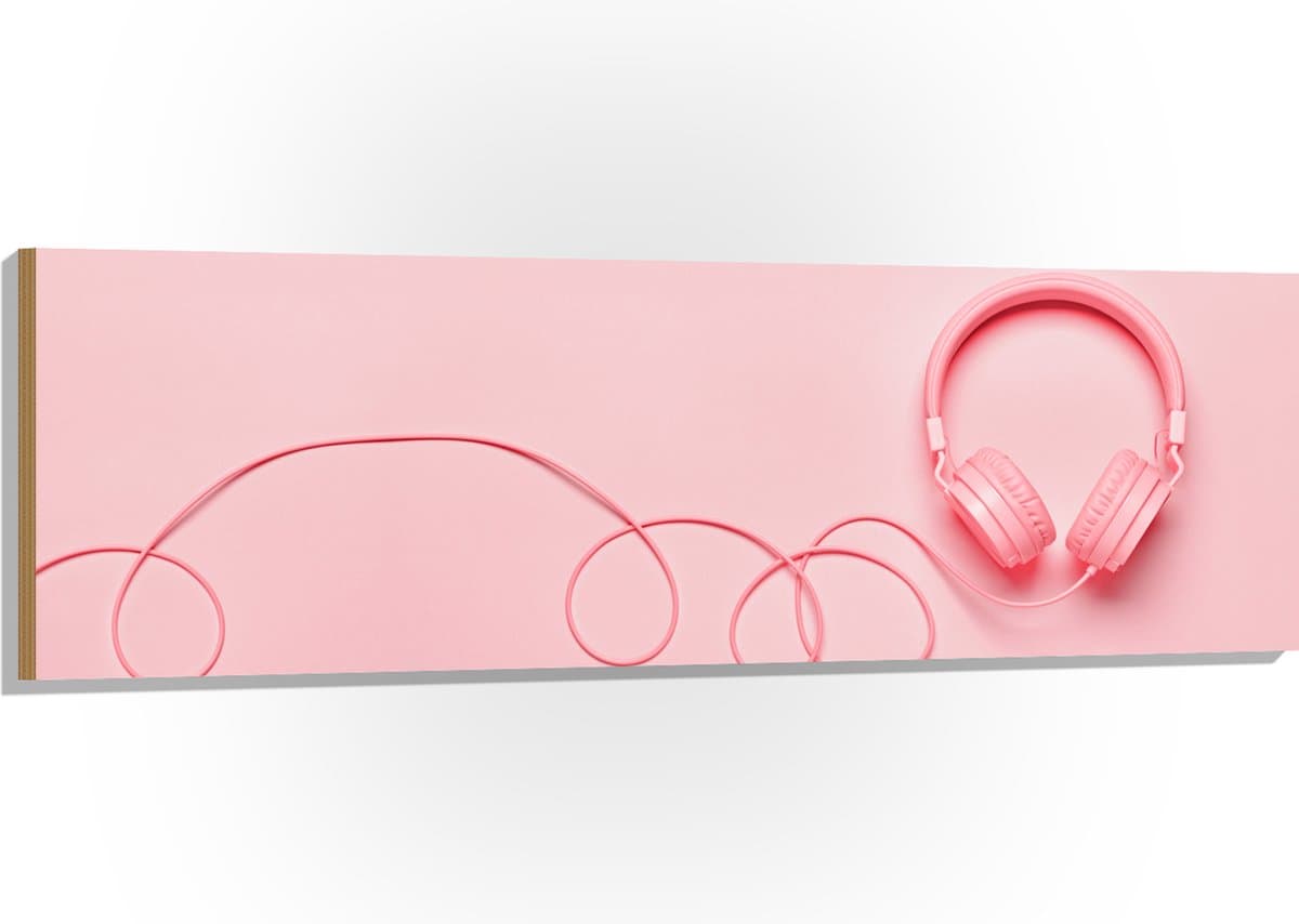 Hout - Roze Koptelefoon tegen Roze Achtergrond - 150x50 cm - 9 mm dik - Foto op Hout (Met Ophangsysteem)