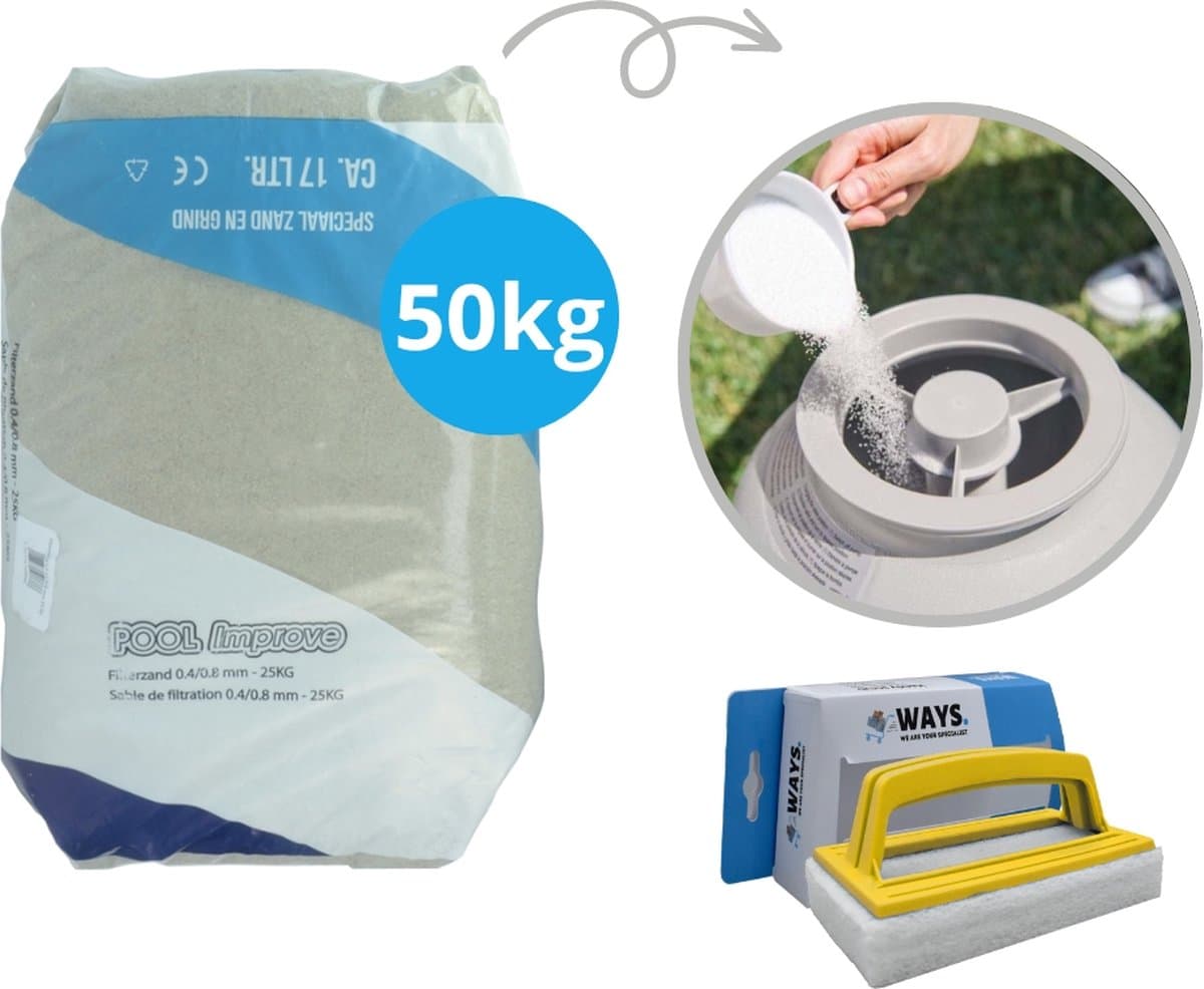 Pool Improve - Filterzand Filterpomp - 50 kilo (2 x 25 kilo) & WAYS Scrubborstel