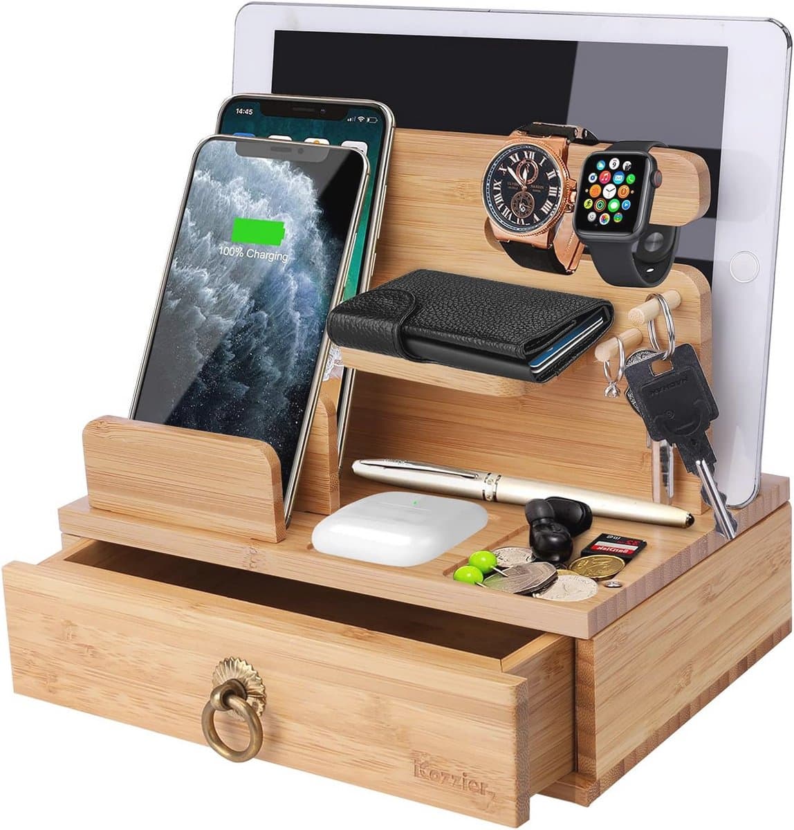 Bamboe Desktop Laadstation voor Meerdere Apparaten, Organiser voor Telefoons, Tablets en Horloges