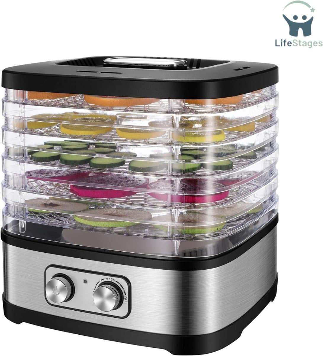 LifeStages - Voedseldroger - Voedseldroger Met 5 In Hoogte Verstelbare Tabletten - Temperatuurregeling Van 35-70°C - 240 Watt Droogapparaat Voor Fruit En Groenten - BPA-Vrij