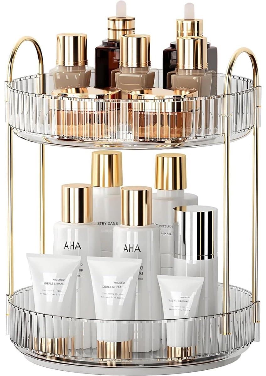 YOZHIQU Kosmetiektabletts - 360° Draaibare Make-up Organizer - 2 Lagen Grote Capaciteit - Antislip Bodem - Geschikt voor Dressoir Slaapkamer Badkamer - Kunststof - 23x23x32 cm