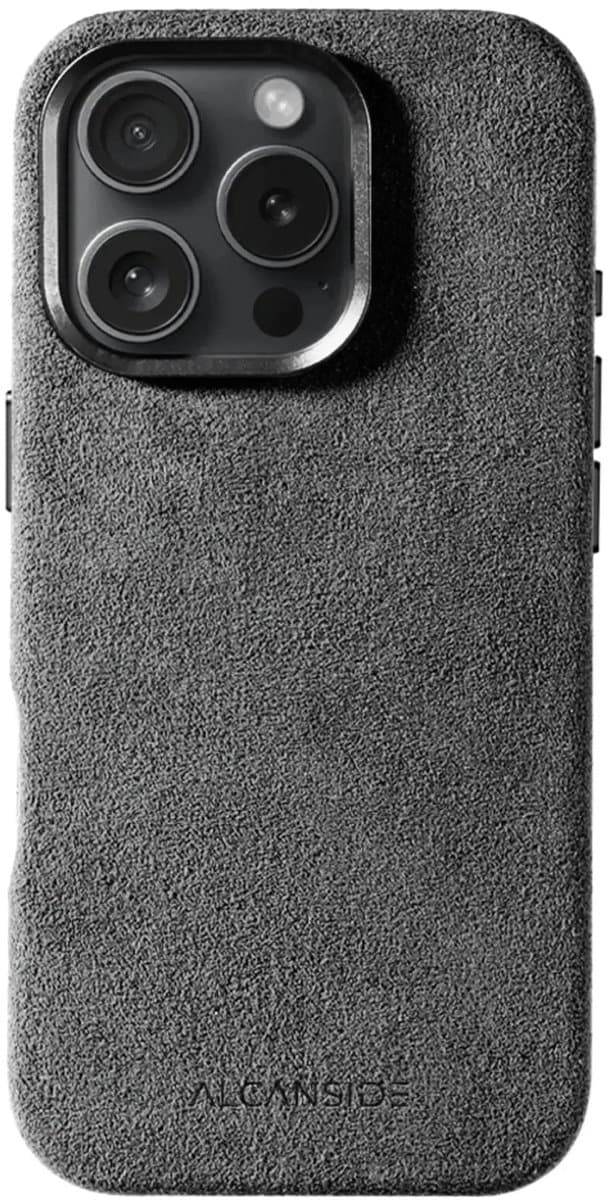 Alcanside Luxe Hoesje geschikt voor Apple iPhone 16 Pro – Magsafe 360° Shock Proof Telefoonhoesje – Premium Alcantara Case – 100% Optimale Bescherming – Nardo Gray