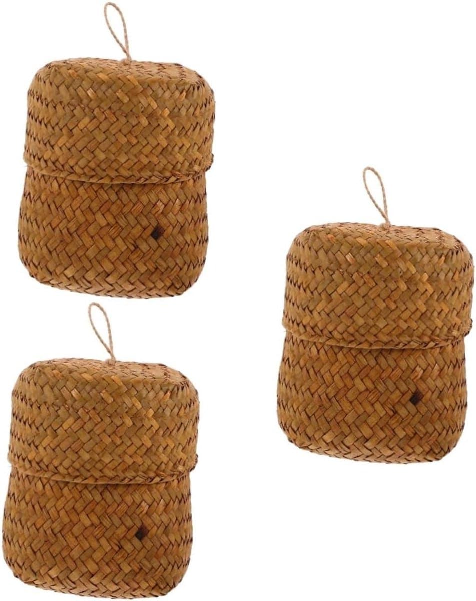 Gevlochten Opbergmanden - Zeegras Manden - Woondecoratie - Handgemaakt Met Deksel - 3 Stuks - Natuurlijk