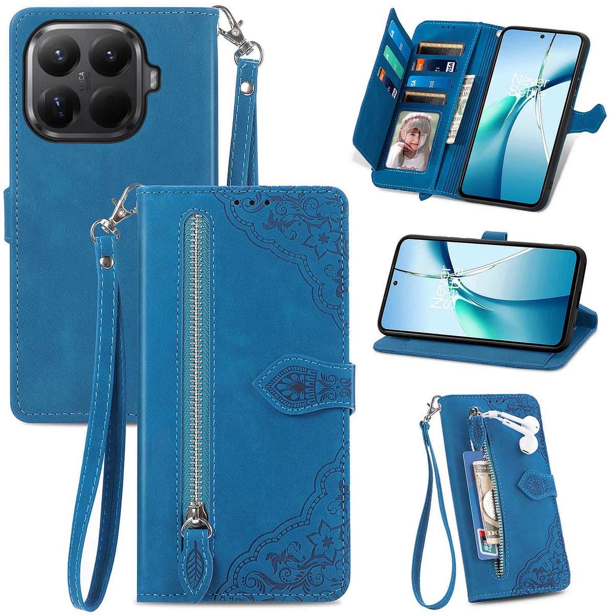 Telestore - Portemonnee met rits - book-case hoesje - 7 pasjes - mandala bloemen blauw - telefoonhoesje geschikt voor Xiaomi 17T Pro