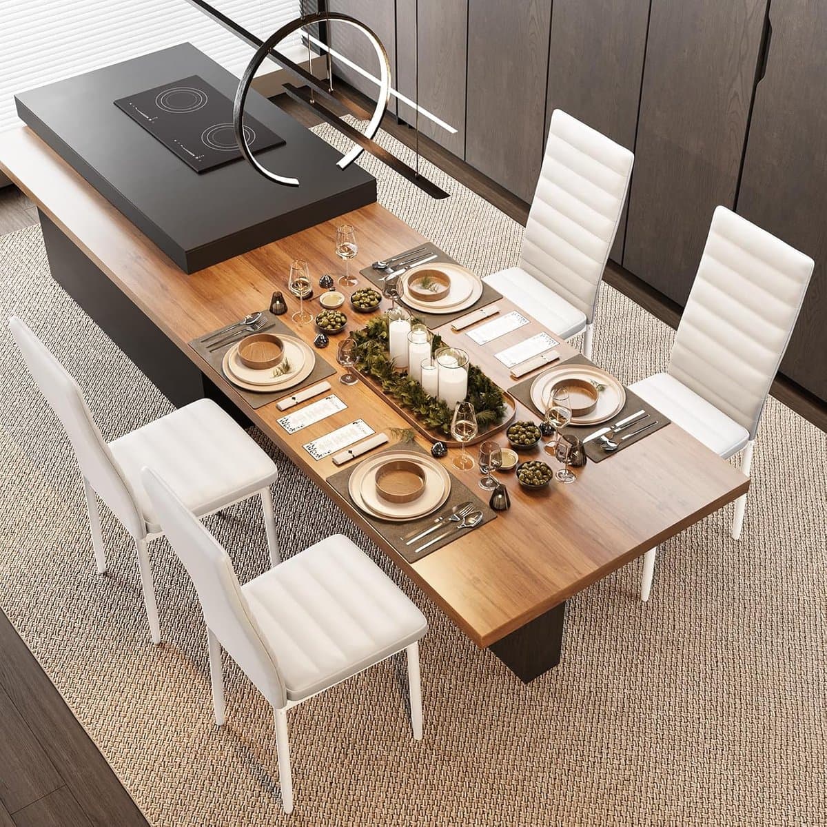 Eetkamerstoelen Set van 4 – 96,5x40,6x39 cm – Comfortabele Hoge Rugleuning Stoelen van Kunstleer – Ergonomisch & Modern Design voor Keuken, Eetkamer en Woonkamer – Wit – Laura