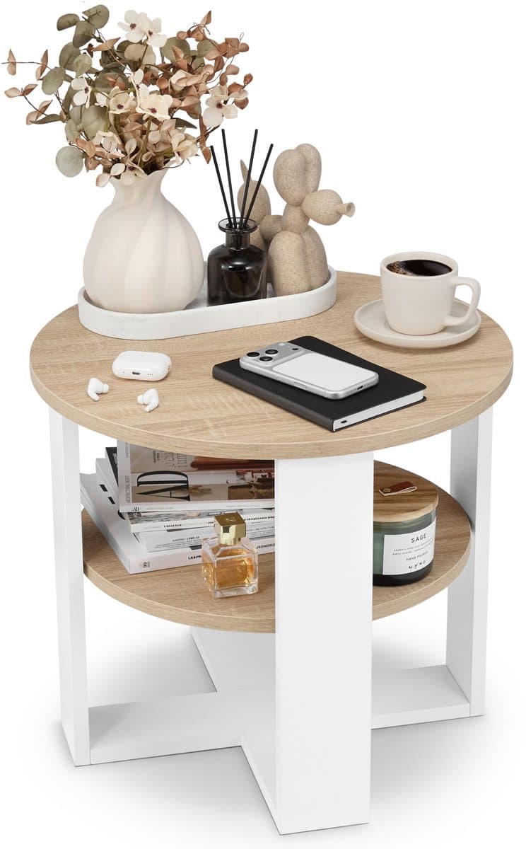 defiPad Bijzettafel Rond Ø53 cm - Bijzettafel - Wit + Sonoma Eiken met Plank