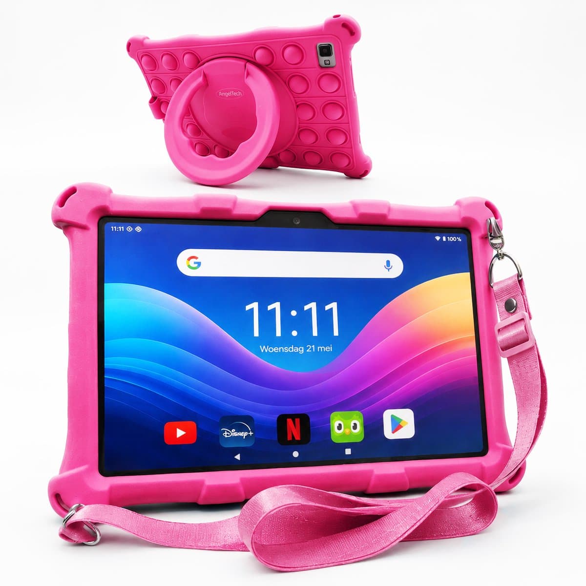 AngelTech Kindertablet XL PRO II - Android 16 - 6+8GB RAM – 128+64GB – Snelle 10 inch Kindertablet – Vanaf 3 Jaar – 100%Kidsproof – Ouderlijk Toezicht - 360° Fidgy Beschermhoes – Roze