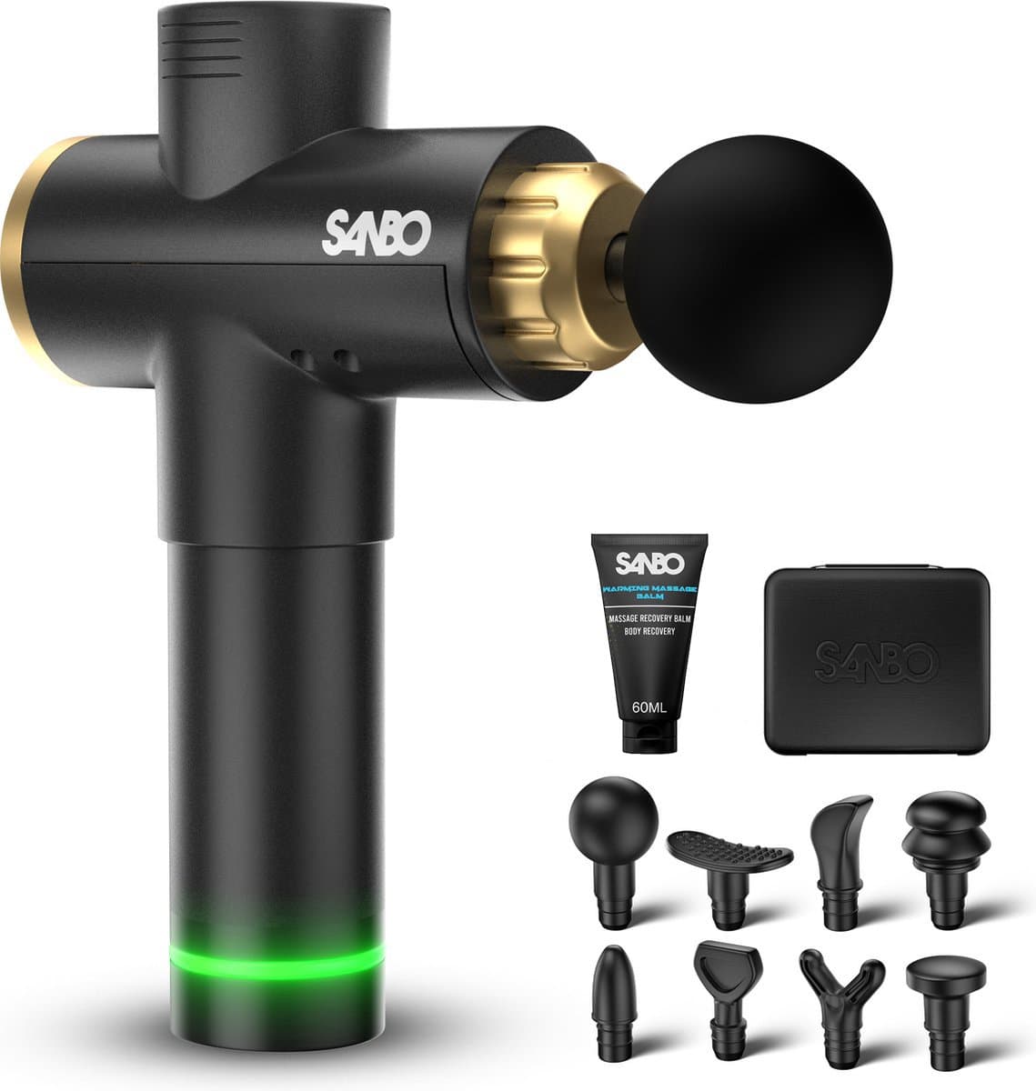 Sanbo Massage Gun Professioneel Elite - Incl. Massage Balsem - 30 Standen en 8 Opzetstukken - Ontspanning - Massage apparaat - Massage Pistool - Fitnes
