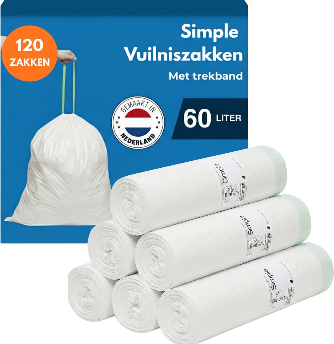 Simple Vuilniszakken 60 liter - 6 Rollen x 20 Stuks - Geschikt voor Brabantia Code M - Brabantia Vuilniszakken M - 60L - Afvalzakken 60 liter - Geproduceerd in Nederland