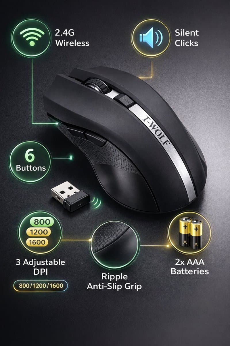 Draadloze Muis 2.4G - 6 Knoppen - Stille Klik - Instelbare DPI 800/1200/1600 - USB Ontvanger - Zwart