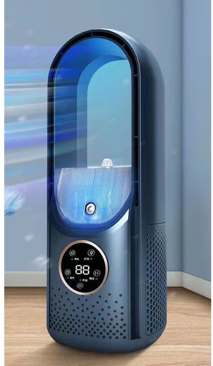 Knobbout Music United Bladloze 3-in-1 Vernevelingsventilator – 6 Snelheden, Stille Werking, USB-aangedreven en AI Snelle Koelmodus met Microdruppels, Blauw