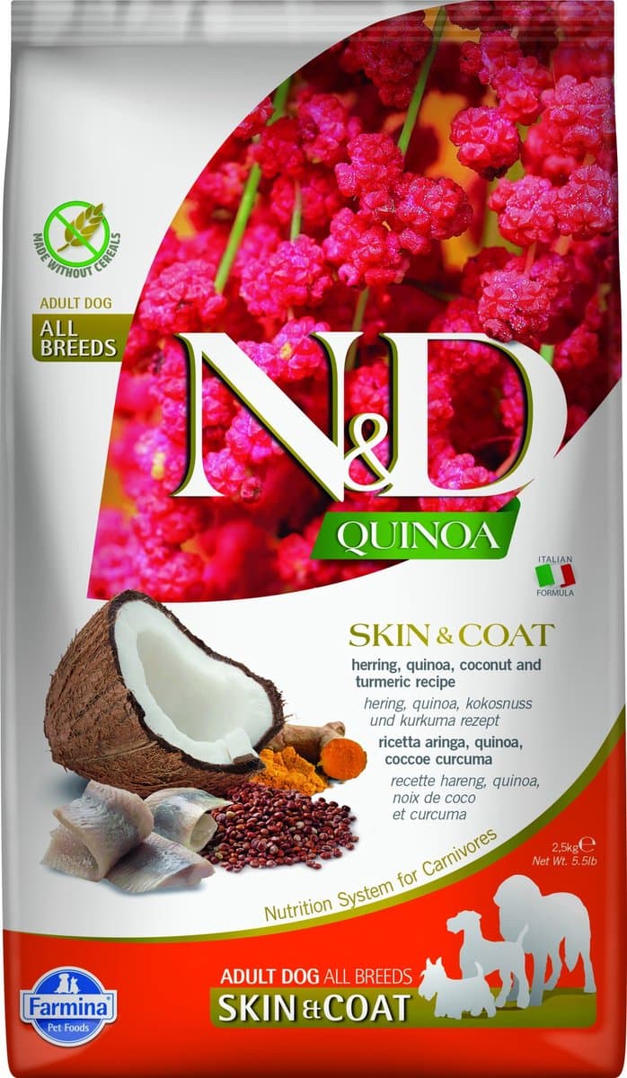 Farmina N&D Quinoa & Vachtverzorging supplement (haring, quinoa, kokos en kurkuma) hondenvoer voor volwassen honden 2,5 kg