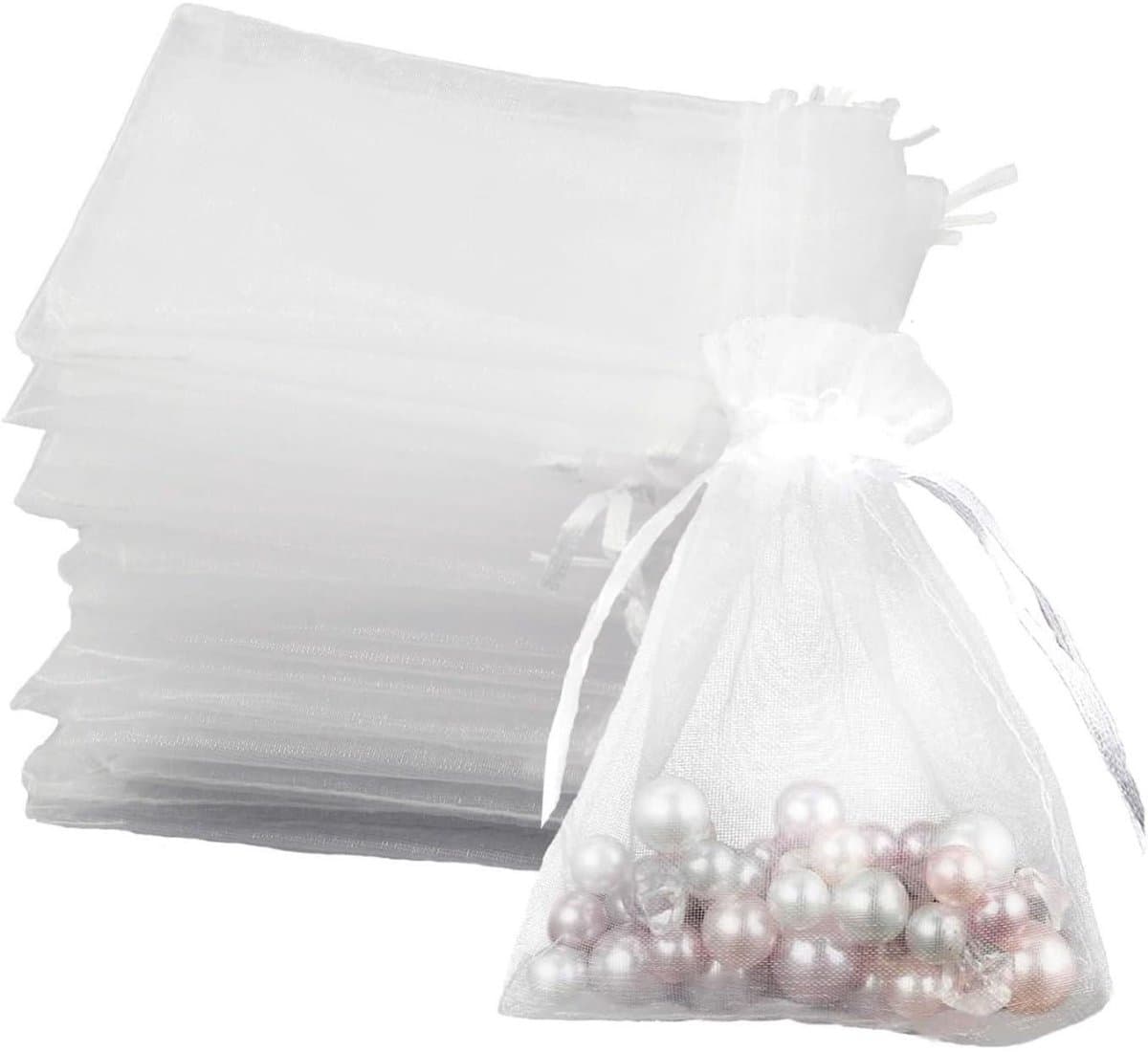 SSTRWGOOD 100 Stuks Organzazakjes - Geschenkzakjes - 7x9cm - Nylon Euromesh Zakken met Satijn Koord - Geschikt voor Sieraden, Hochteitsgunsten en Festivaldecoratie - Wit