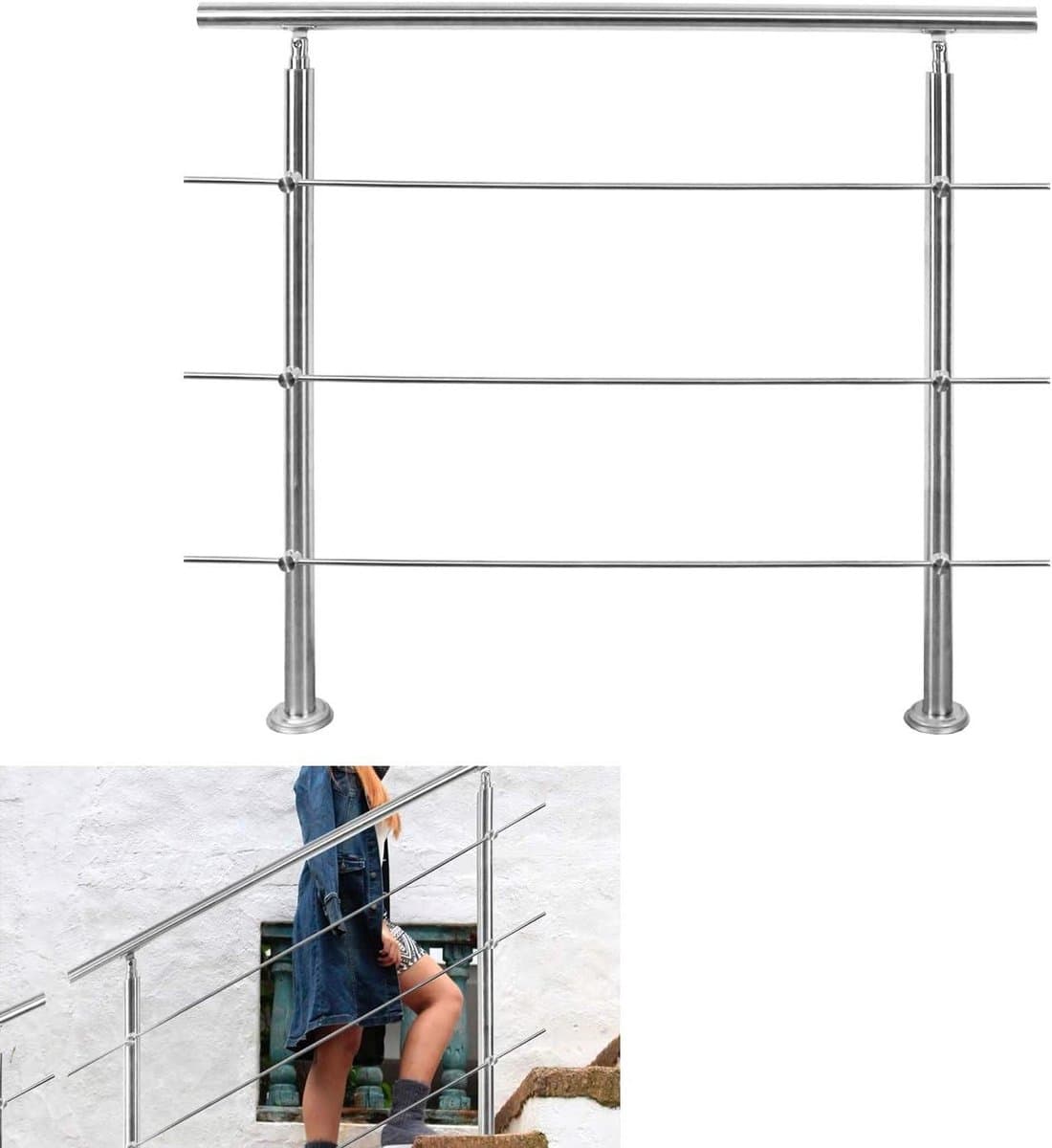 Roestvrijstalen wand- en trapleuning buiten – verstelbare hoek, 80-180 cm, 0-5 dwarsbalken, weerbestendig voor balkon, terras en tuin