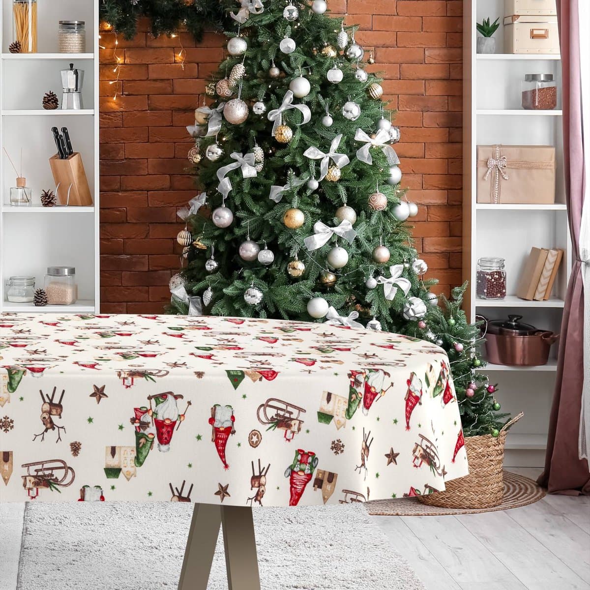 ANRO Tafelkleed Kerstkabouter Rood Rechte rand Afwasbaar