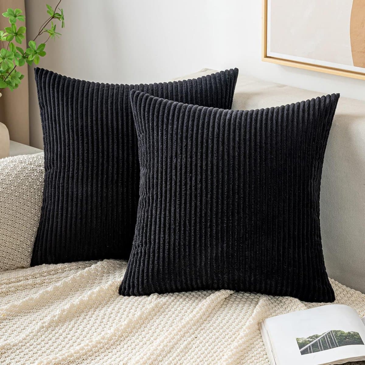 Kussenhoes, 40 x 40 cm, corduroy, superzacht, gestreept, moderne decoratie, voor bank, bed, woonkamer, slaapkamer, 2 stuks, zwart