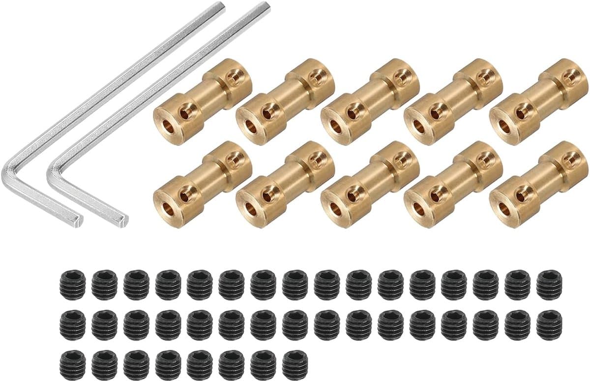 3 mm op 3 mm boring stijve koppeling 20 mm lengte 9 mm diameter M3-aansluiting messing as voor 3D-printers DIY kopertint met 10 stuks koppeling, 40 stuks schroeven, 2 stuks sleutels