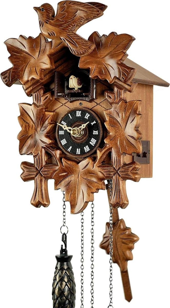 Koekoeksklok - Wandklok Muziek - Woonkamer Decoratie - Handgesneden Hout - 22 cm Hoog - Natuurlijk Hout