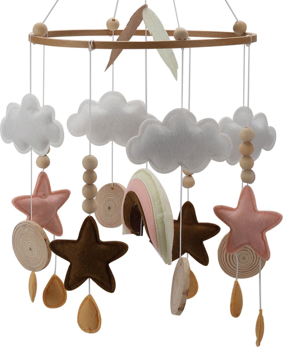 Kersvers - Box mobiel - mobiel baby roze - Baby Mobile - Regenboog Babykamer - Sterretjes - Wolkjes - Vilt - Wieg - Roze - beige - zonder muziekarm - box mobiel meisjes - muziekmobiel