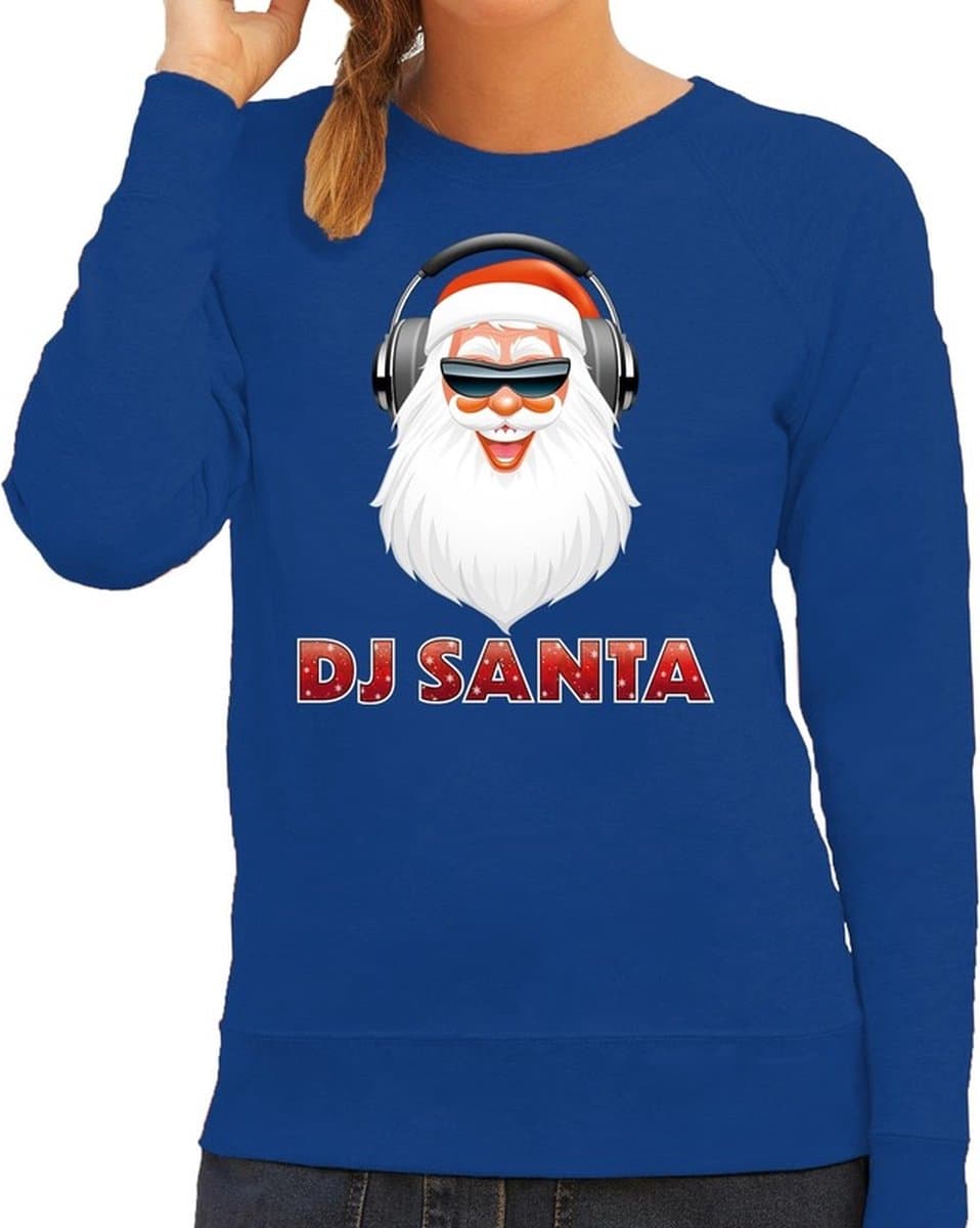 Foute kersttrui / sweater blauw DJ santa met koptelefoon techno / house / hardstyle/ r&b / dubstep voor dames - kerstkleding / christmas outfit L