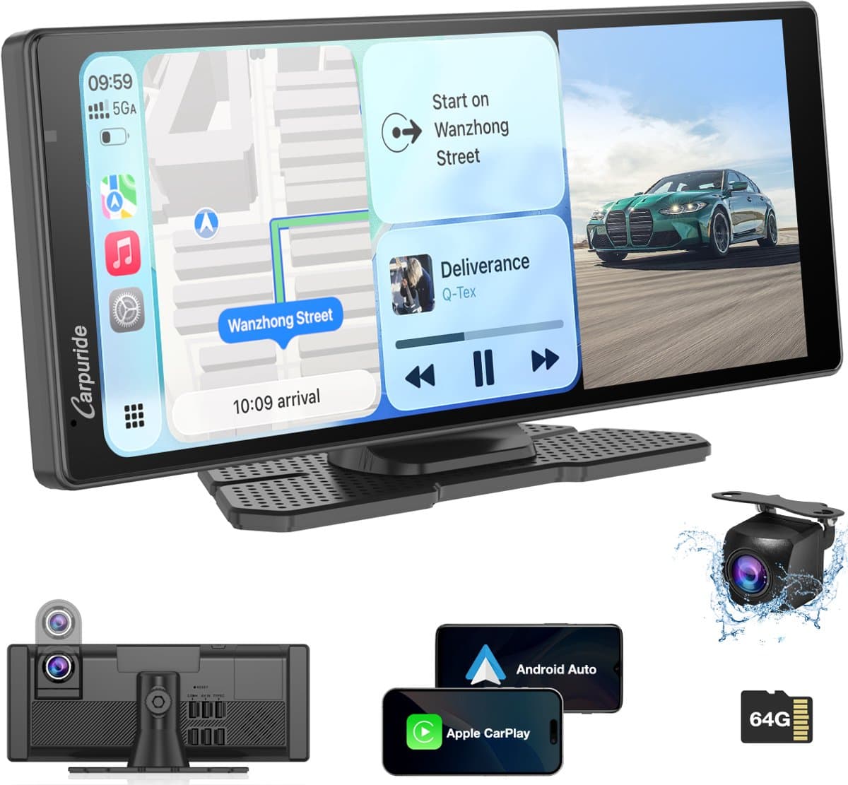 Carpuride W904 10,26" CarPlay-scherm met dashcam, 4K-camera aan de voorkant en 1080p-camera aan de achterkant, lusopname, Bluetooth, Siri/Google