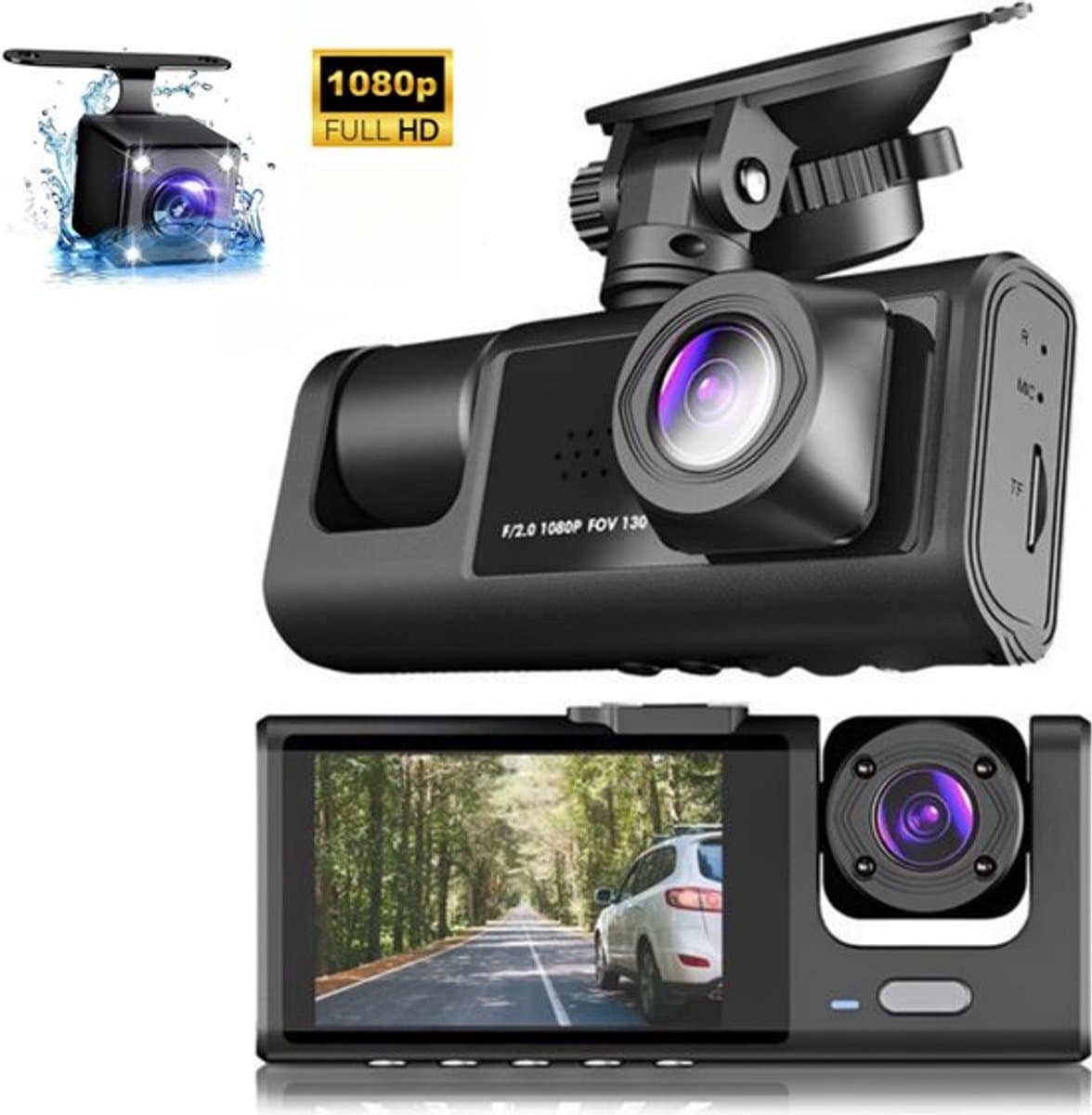 Dashcam met drie lenzen, dubbele opname voor en achter, 1080p Full HD (met 128 GB geheugenkaart)