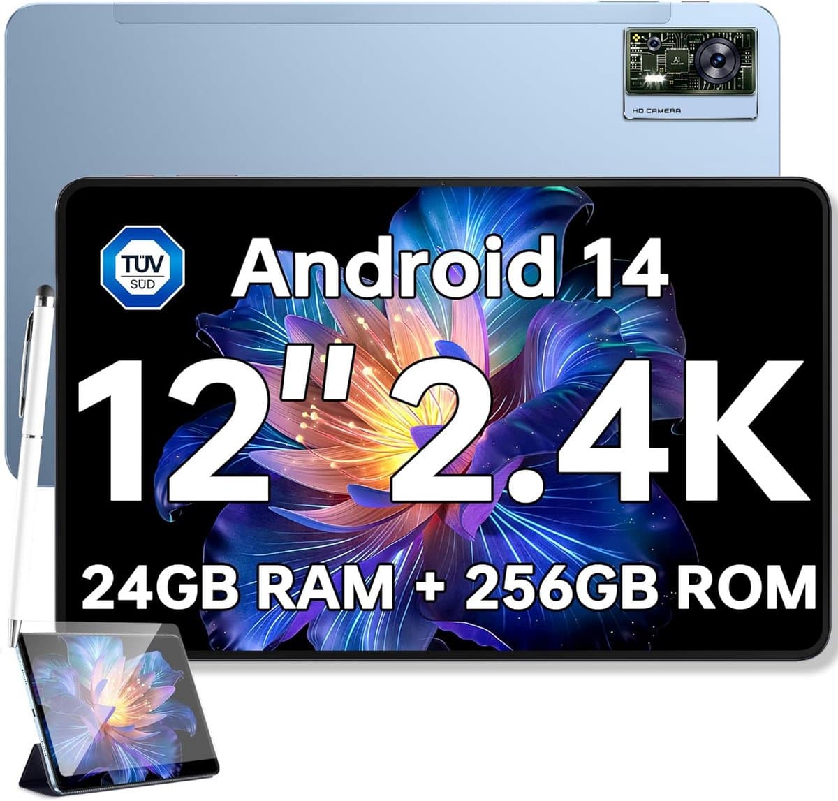 Grote 12 inch Android 14 Tablet met 2.4K Scherm, 256GB Opslag en 4G LTE