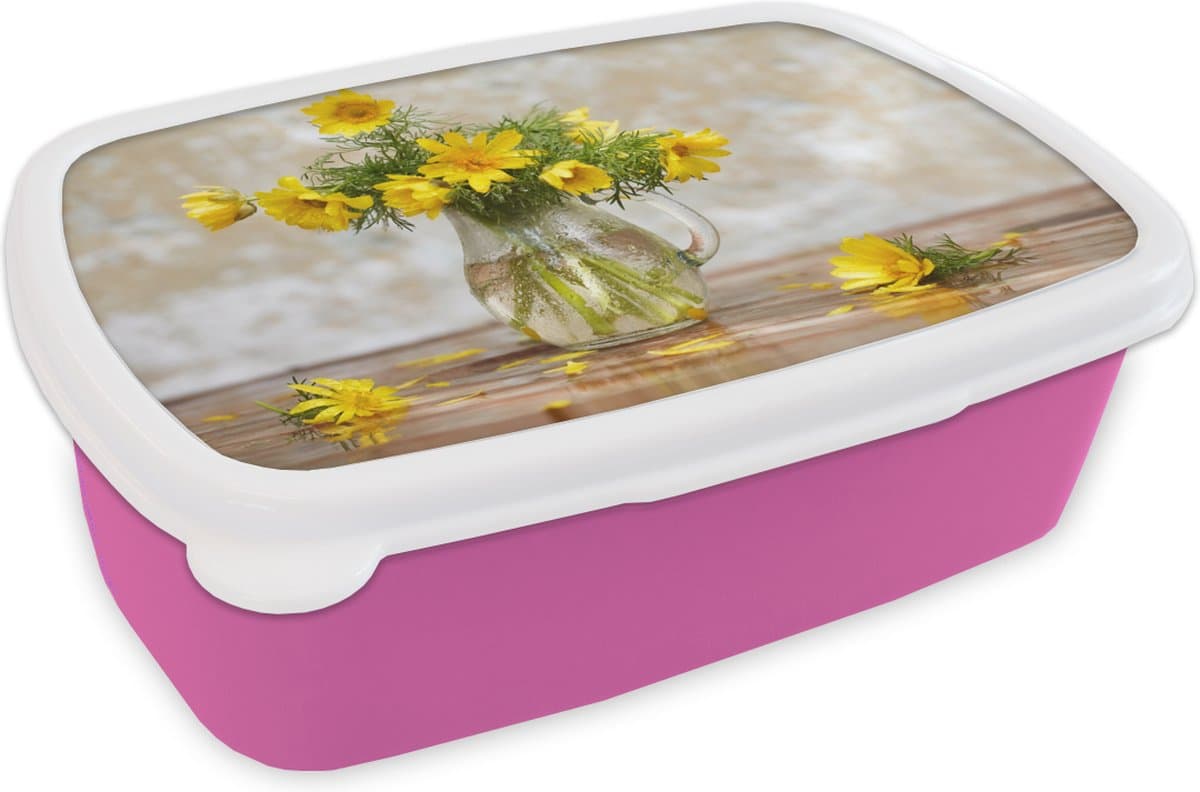 Broodtrommel Roze - Lunchbox - Brooddoos - Bloemen - Geel - Stilleven - 18x12x6 cm - Kinderen - Meisje