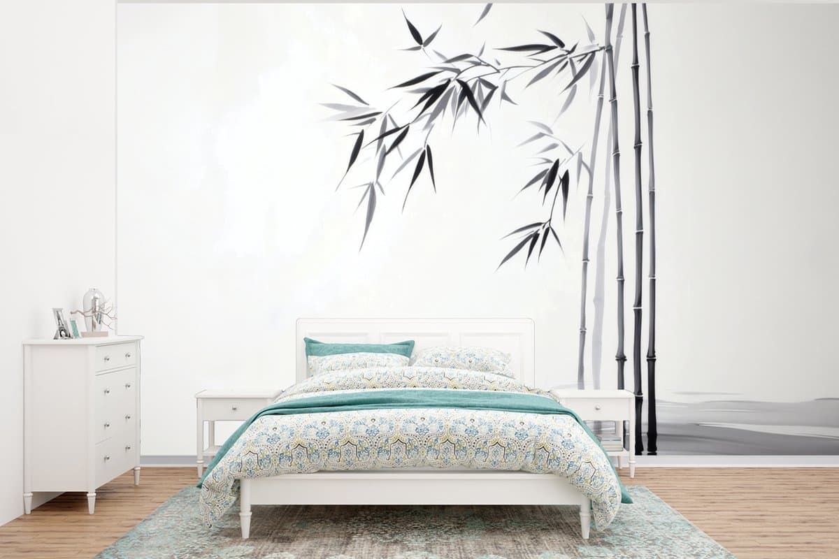 Behang - Fotobehang Bamboestammen - Water - Minimalistisch - Wit - Breedte 375 cm x hoogte 280 cm