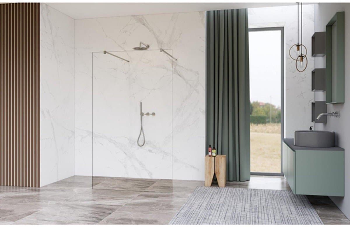 FugaFlow Eccelente Vetro Vrijstaande inloopdouche badkamer - 180x200cm - Helder - antikalk - 8mm veiligheidsglas - met wandarmen - Chroom -