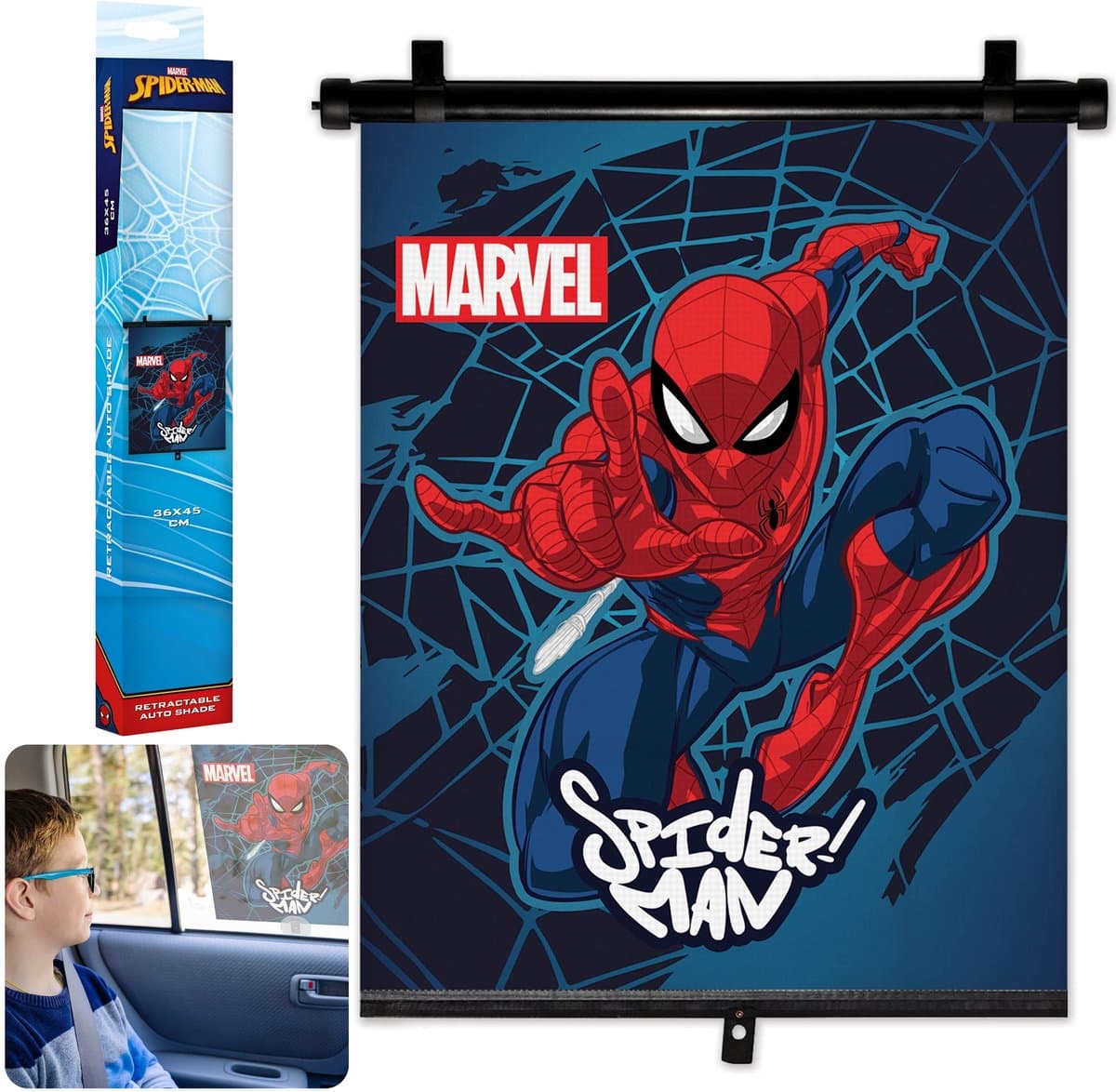 MARVEL Spider-Man Rolluik blind, rolgordijn BESCHERMING TEGEN DE ZON zonnescherm voor auto, afdekking VOOR RAAM 36x45 cm